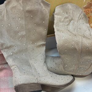 Women's Beige Heeled Boots with Rhinestones